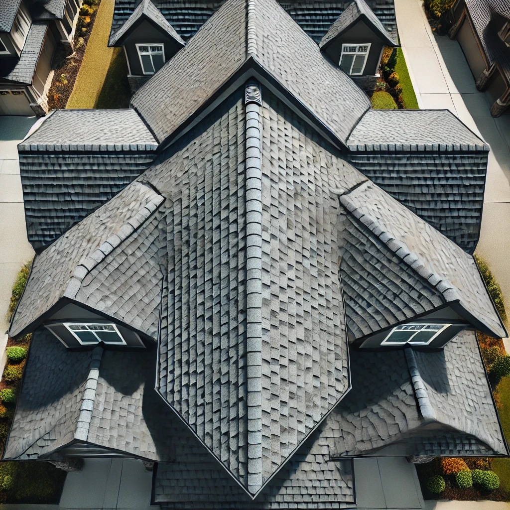 DALL·E 2025-03-19 23.14.03 – A top-down view of a residential house with shingle roofing. The asphalt shingles are dark gray, neatly arranged in an overlapping pattern. The roof f