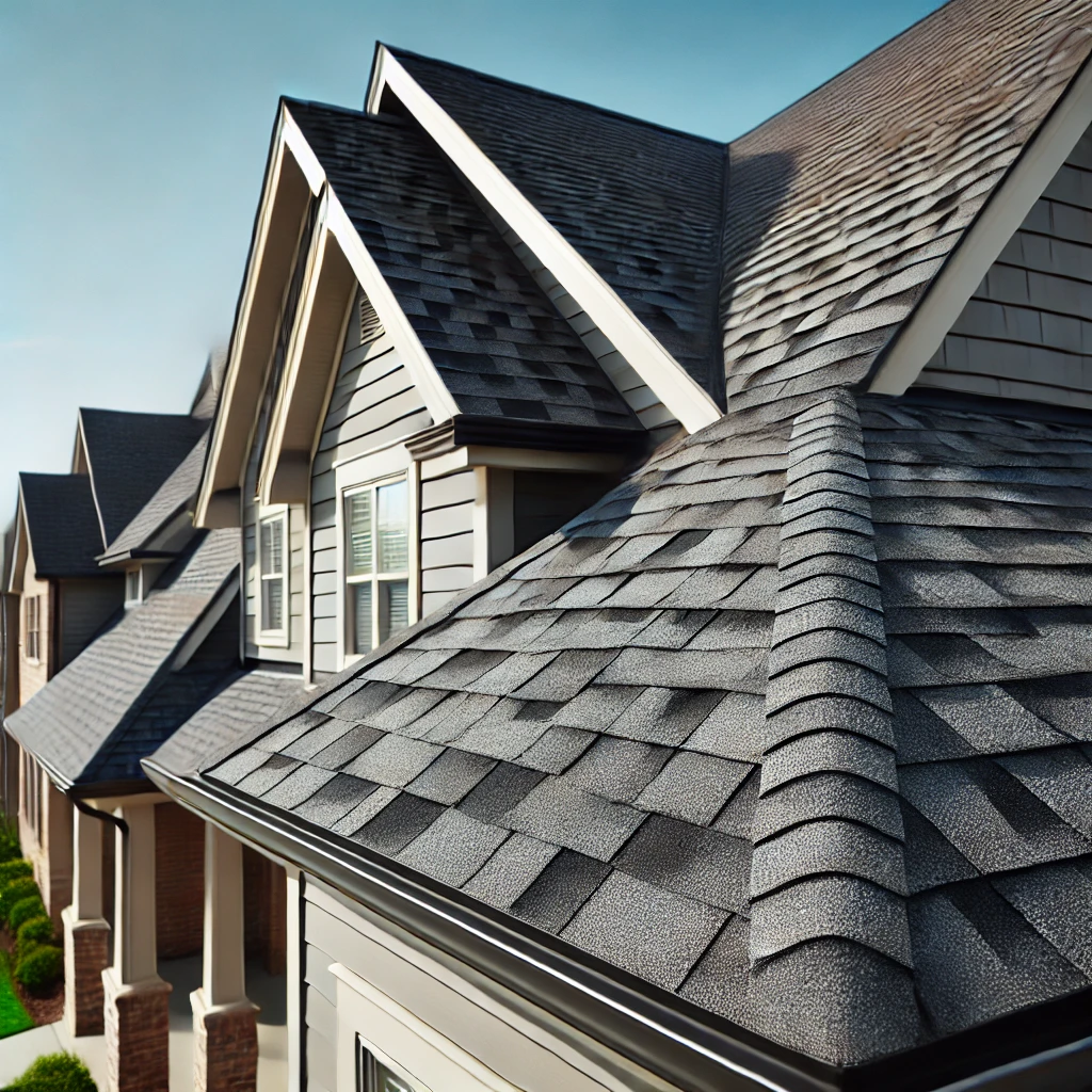 DALL·E 2025-03-19 23.14.57 – A side view of a residential house with shingle roofing. The asphalt shingles are dark gray and neatly arranged in an overlapping pattern. The roof ha