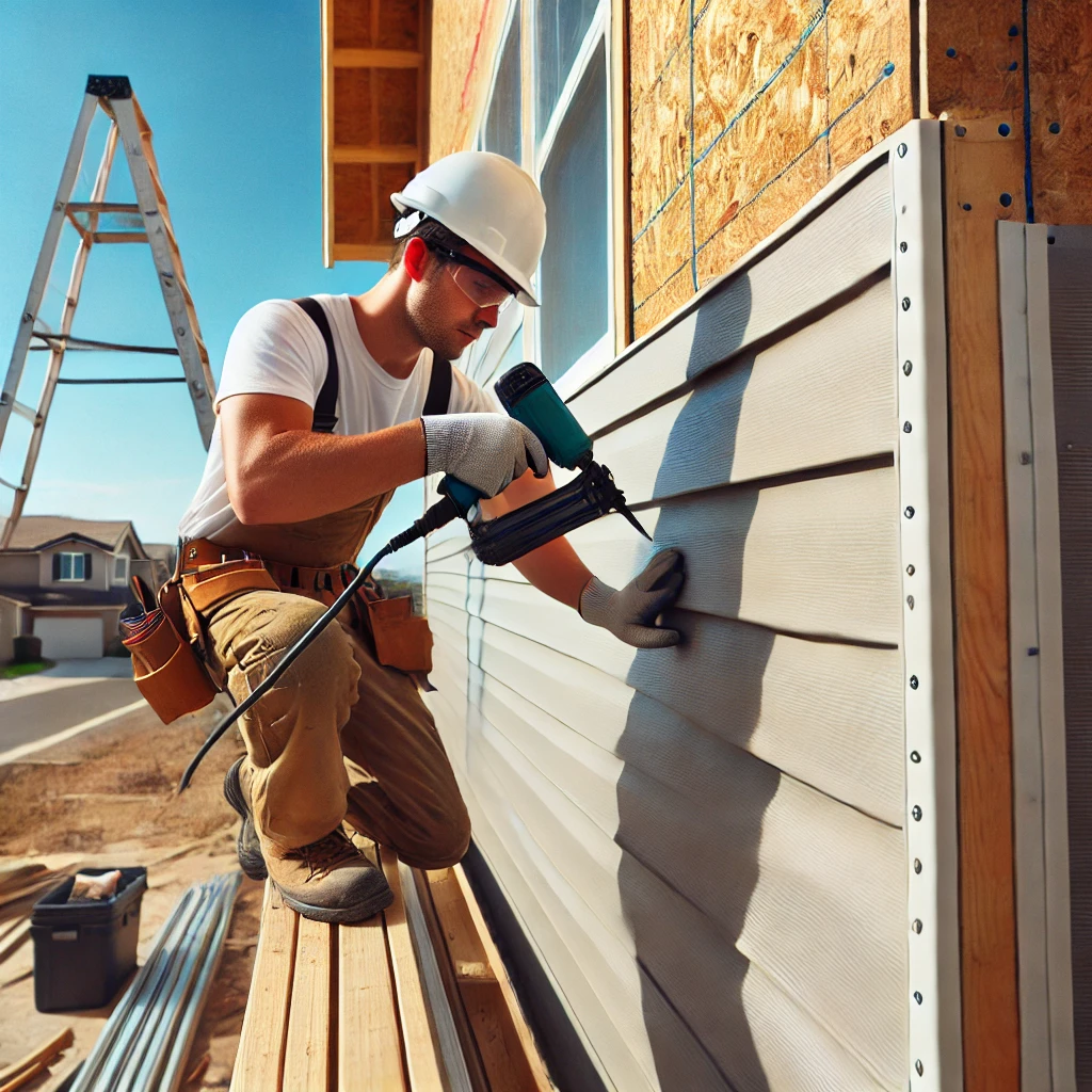 DALL·E 2025-03-19 23.16.59 – A construction worker installing vinyl siding on a residential house. The worker is wearing a hard hat, safety glasses, and gloves while securing the