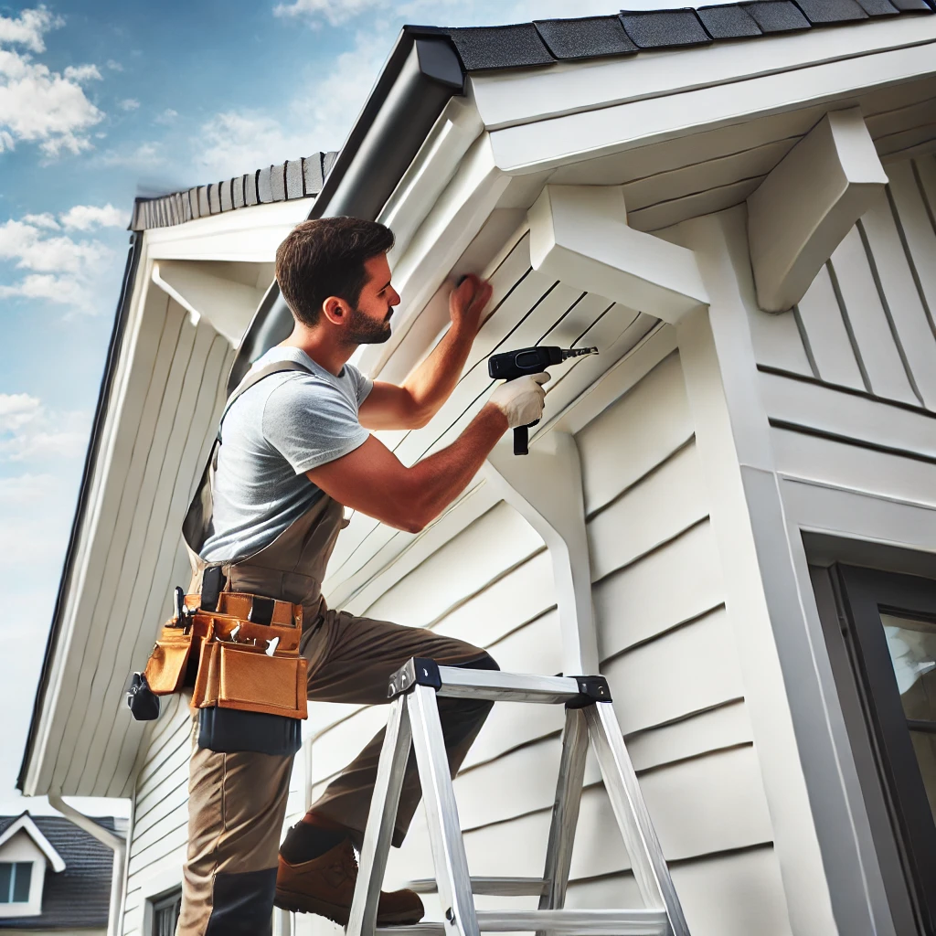 DALL·E 2025-03-23 23.11.19 – A professional worker installing soffit and fascia on a house. The worker is on a ladder, using tools to attach the soffit under the eaves while ensur